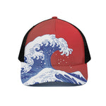 Red Sun Japanese Wave Print Black Mesh Trucker Cap