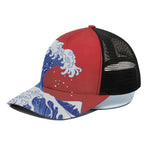 Red Sun Japanese Wave Print Black Mesh Trucker Cap