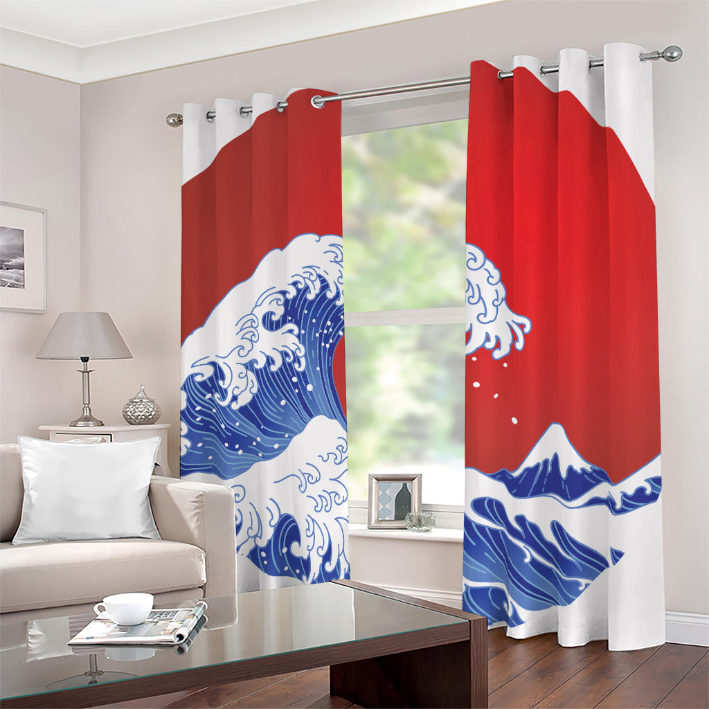 Red Sun Japanese Wave Print Blackout Grommet Curtains