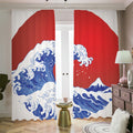 Red Sun Japanese Wave Print Dimout Pencil Pleat Curtains
