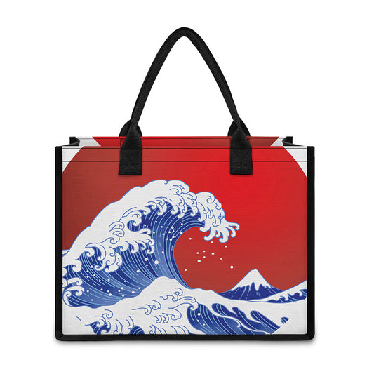 Red Sun Japanese Wave Print Canvas Tote Bag