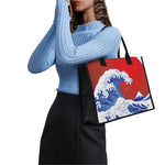 Red Sun Japanese Wave Print Canvas Tote Bag