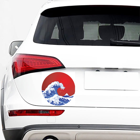 Red Sun Japanese Wave Print Car Sticker