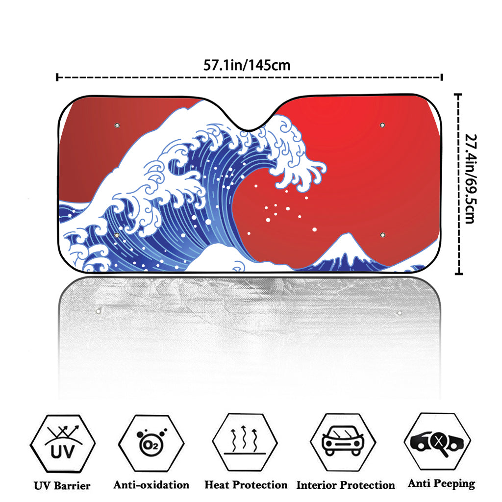 Red Sun Japanese Wave Print Car Windshield Sun Shade