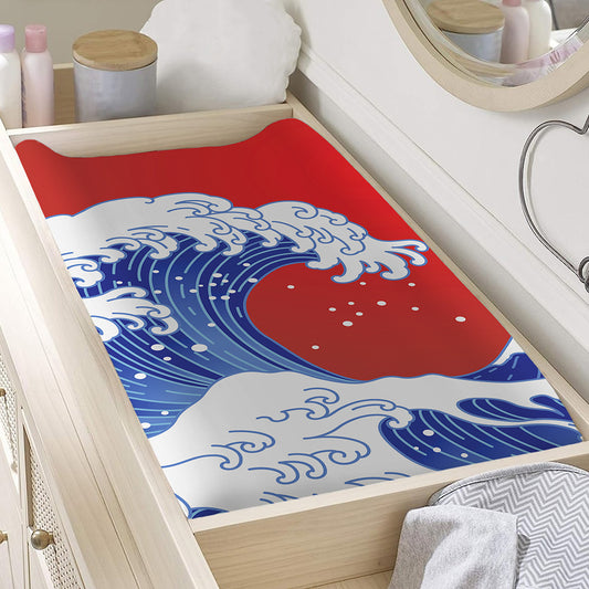 Red Sun Japanese Wave Print Changing Pad Cover