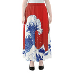 Red Sun Japanese Wave Print Chiffon Maxi Skirt