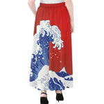 Red Sun Japanese Wave Print Chiffon Maxi Skirt