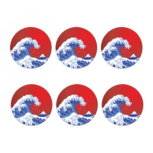 Red Sun Japanese Wave Print Coaster Set