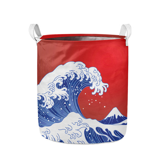 Red Sun Japanese Wave Print Collapsible Laundry Basket