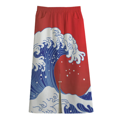 Red Sun Japanese Wave Print Cotton Front Slit Maxi Skirt