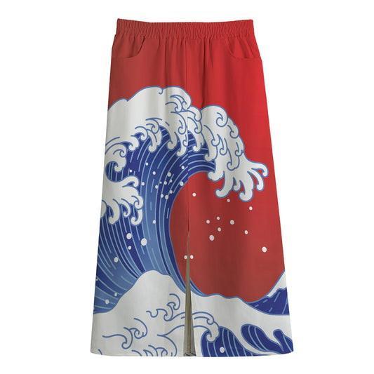 Red Sun Japanese Wave Print Cotton Front Slit Maxi Skirt