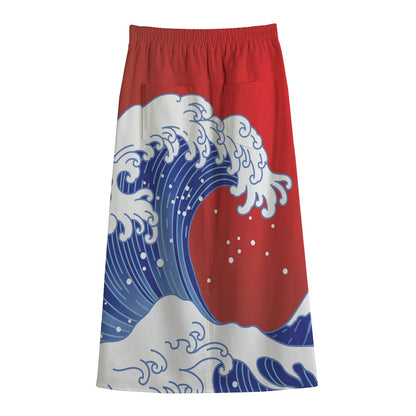 Red Sun Japanese Wave Print Cotton Front Slit Maxi Skirt