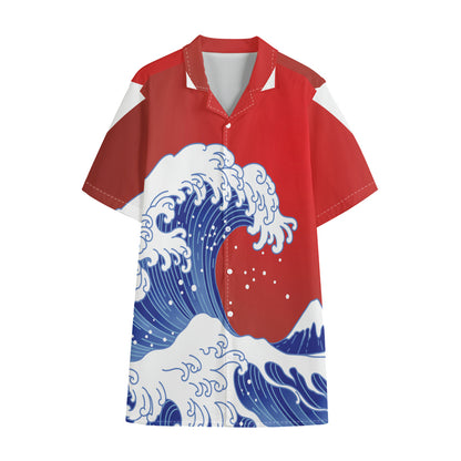 Red Sun Japanese Wave Print Cotton Hawaiian Shirt