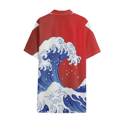 Red Sun Japanese Wave Print Cotton Hawaiian Shirt