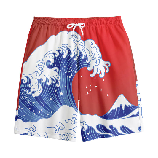Red Sun Japanese Wave Print Cotton Shorts