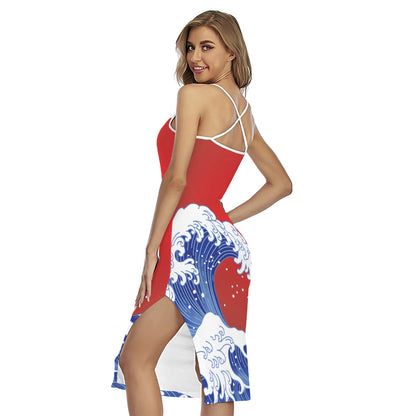Red Sun Japanese Wave Print Cross Back Cami Dress