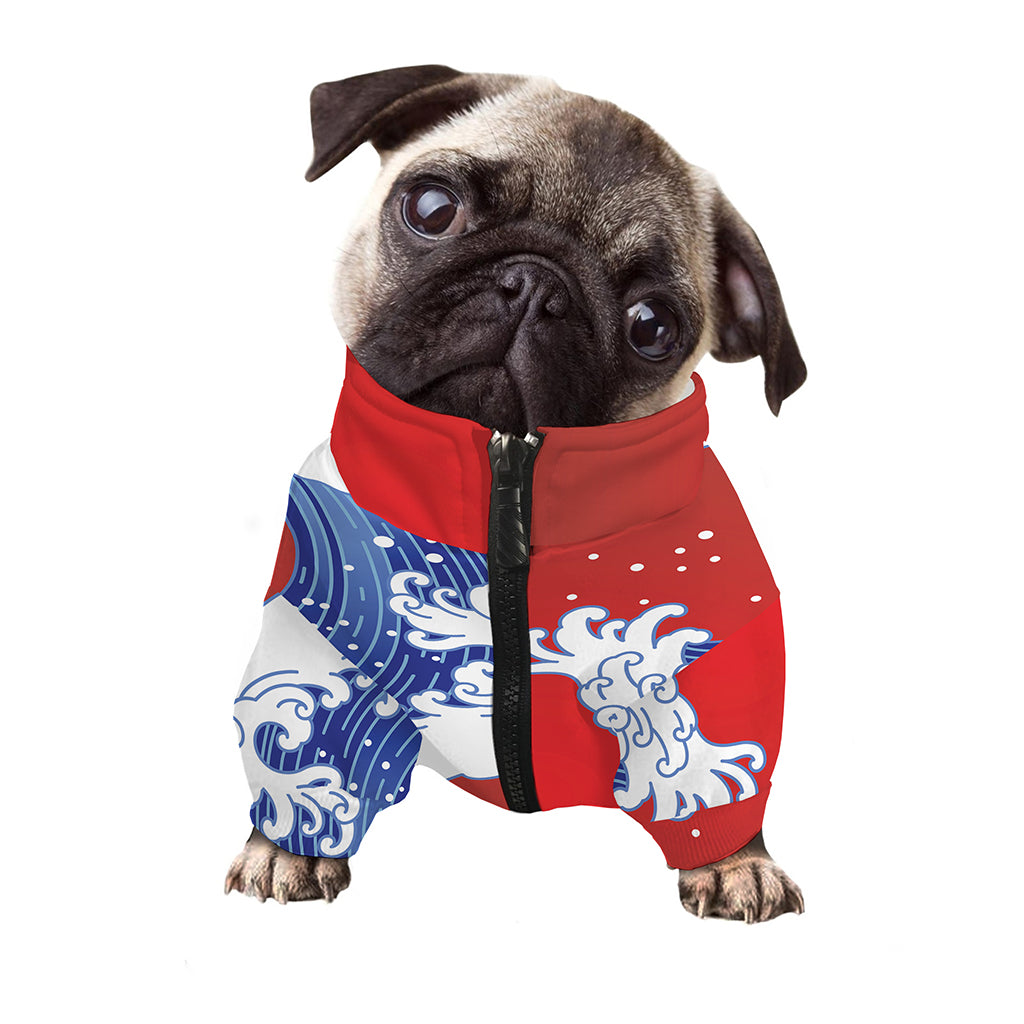 Red Sun Japanese Wave Print Dog Zip Up Jacket