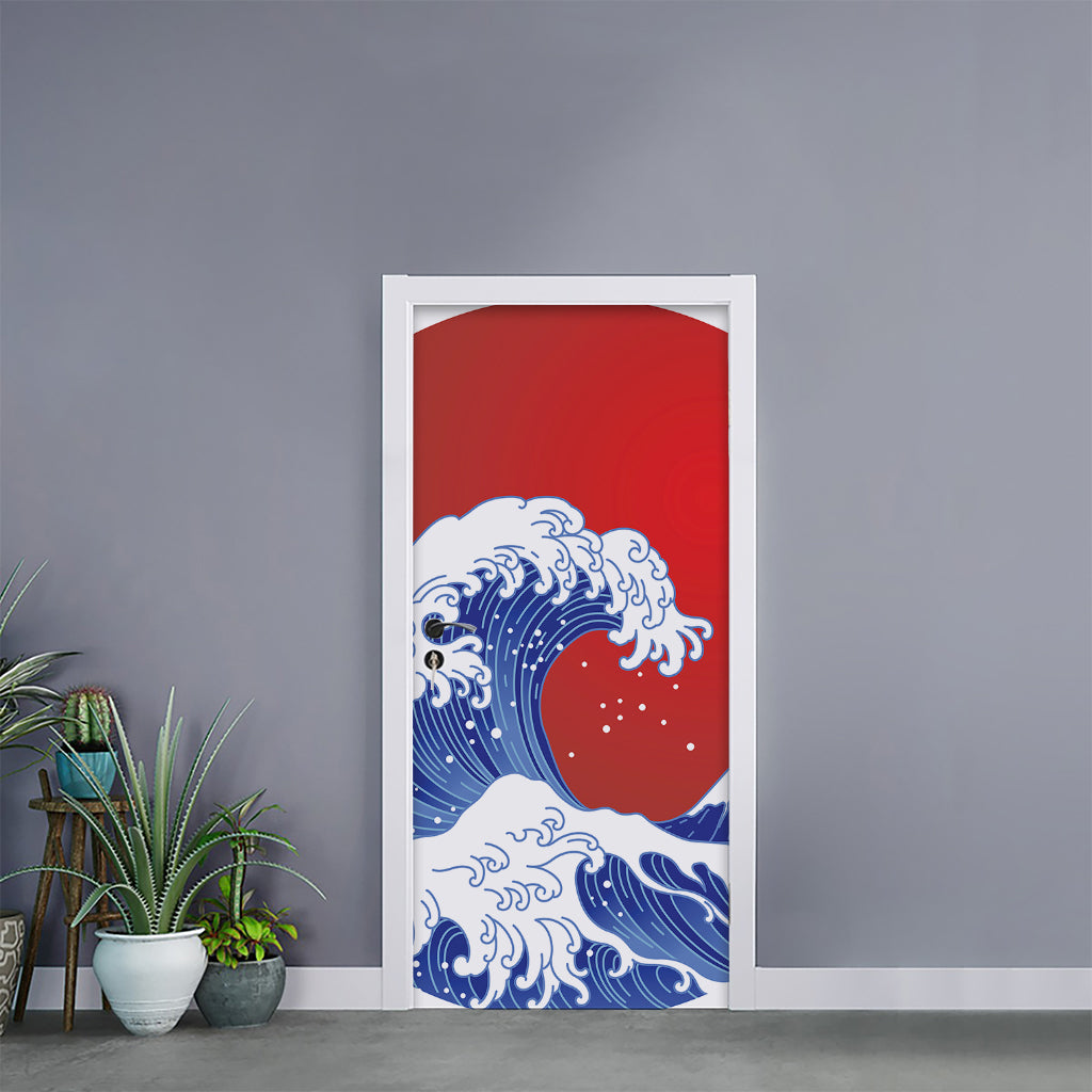 Red Sun Japanese Wave Print Door Sticker