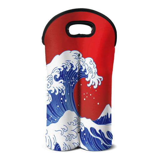 Red Sun Japanese Wave Print Double Neoprene Wine Tote