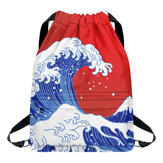 Red Sun Japanese Wave Print Drawstring Backpack