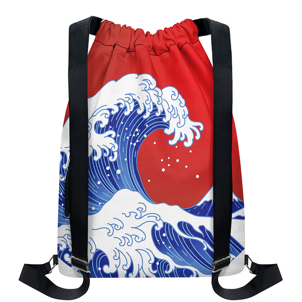 Red Sun Japanese Wave Print Drawstring Backpack