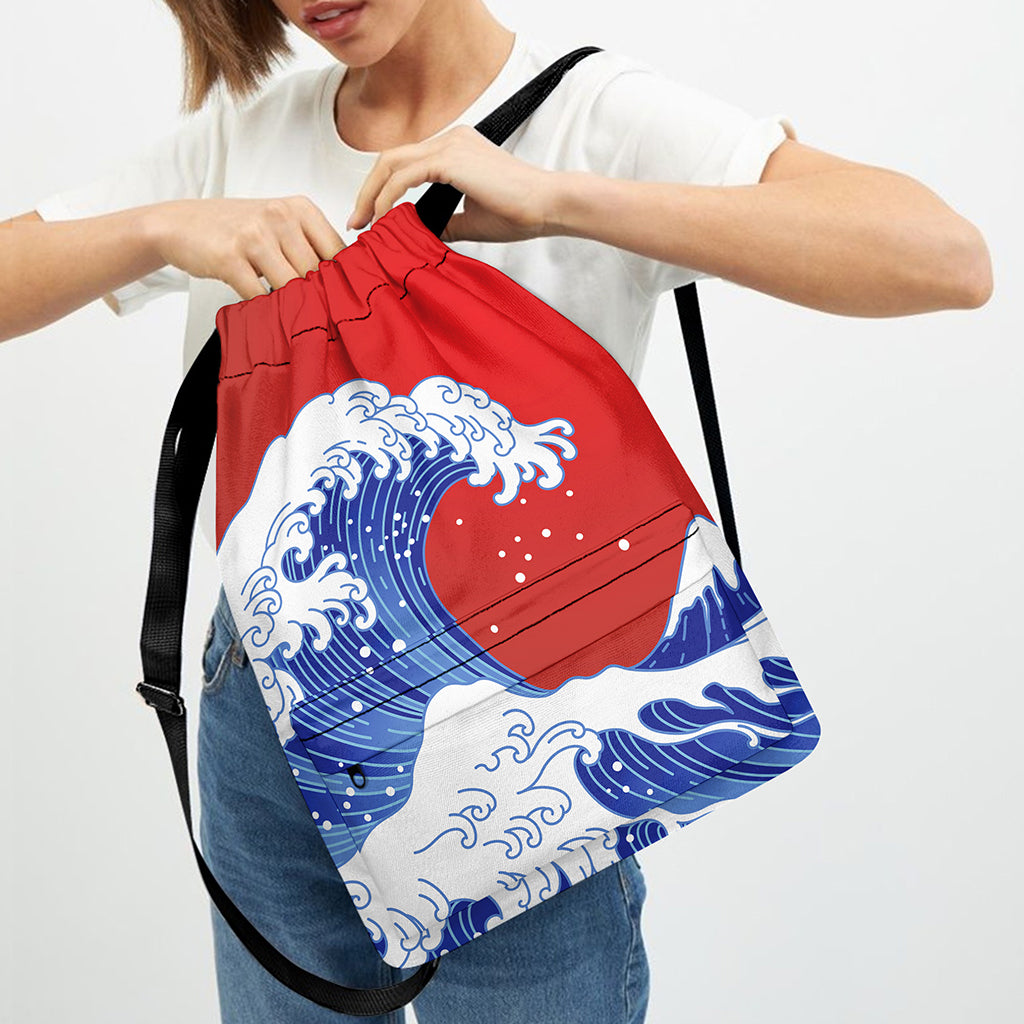 Red Sun Japanese Wave Print Drawstring Backpack