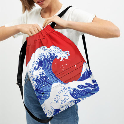 Red Sun Japanese Wave Print Drawstring Backpack