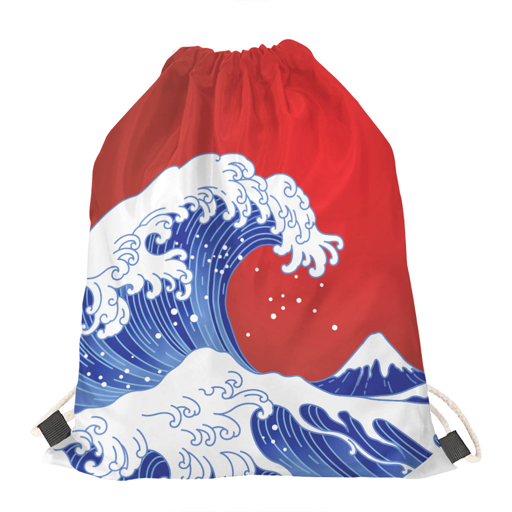 Red Sun Japanese Wave Print Drawstring Bag