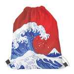 Red Sun Japanese Wave Print Drawstring Bag