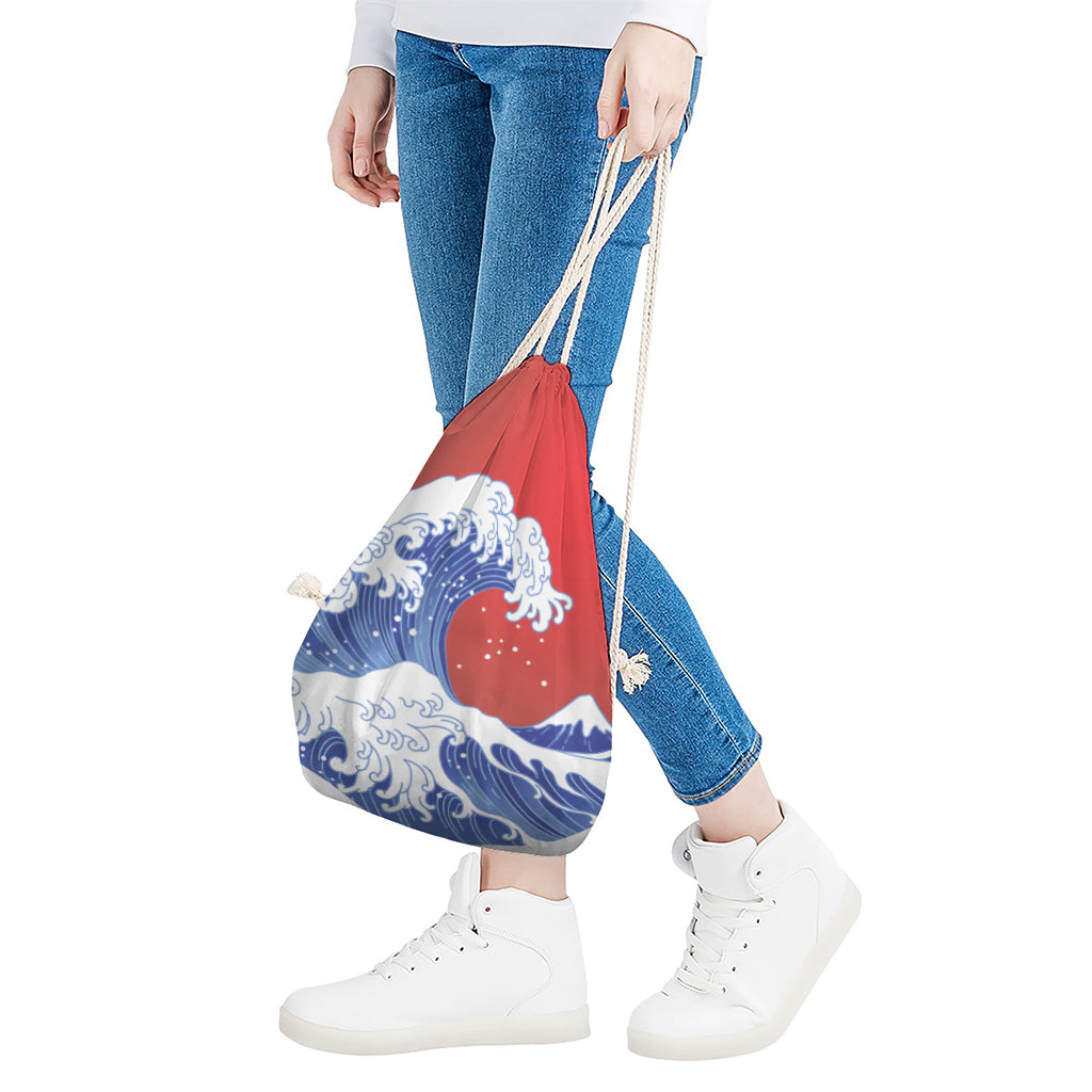 Red Sun Japanese Wave Print Drawstring Bag