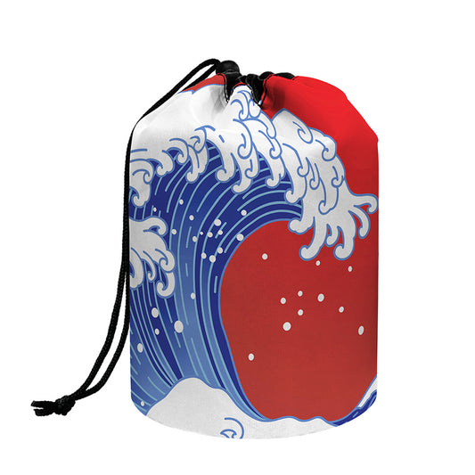 Red Sun Japanese Wave Print Drawstring Makeup Bag