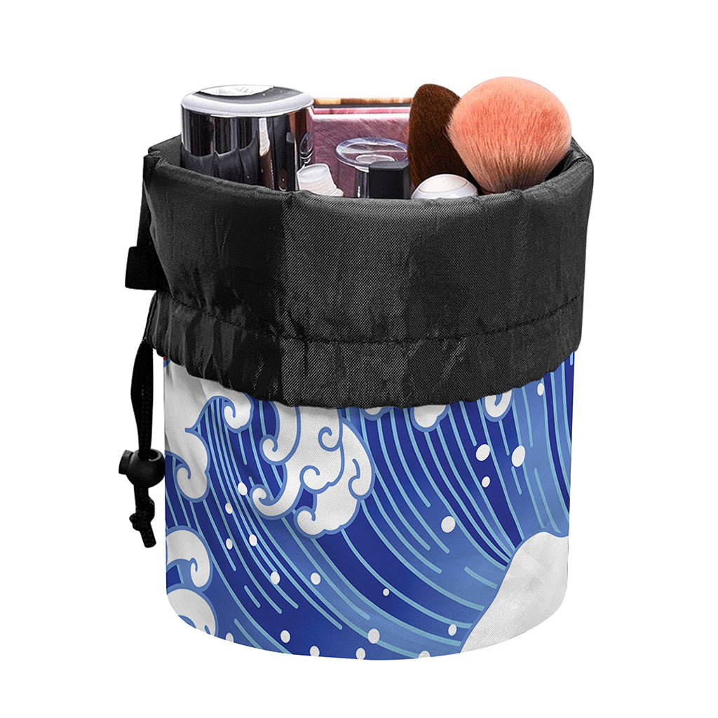 Red Sun Japanese Wave Print Drawstring Makeup Bag