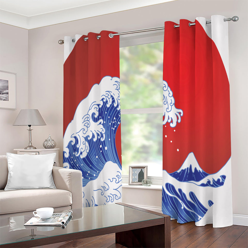 Red Sun Japanese Wave Print Extra Wide Grommet Curtains