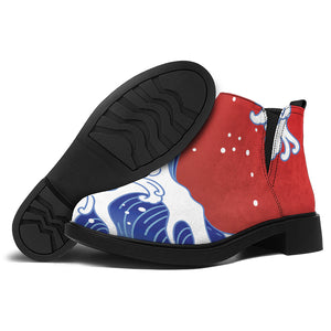 Red Sun Japanese Wave Print Flat Ankle Boots