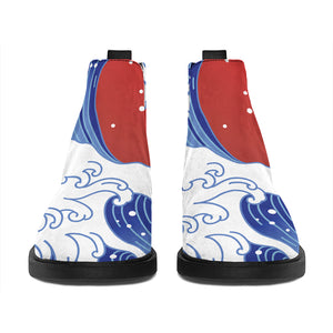 Red Sun Japanese Wave Print Flat Ankle Boots