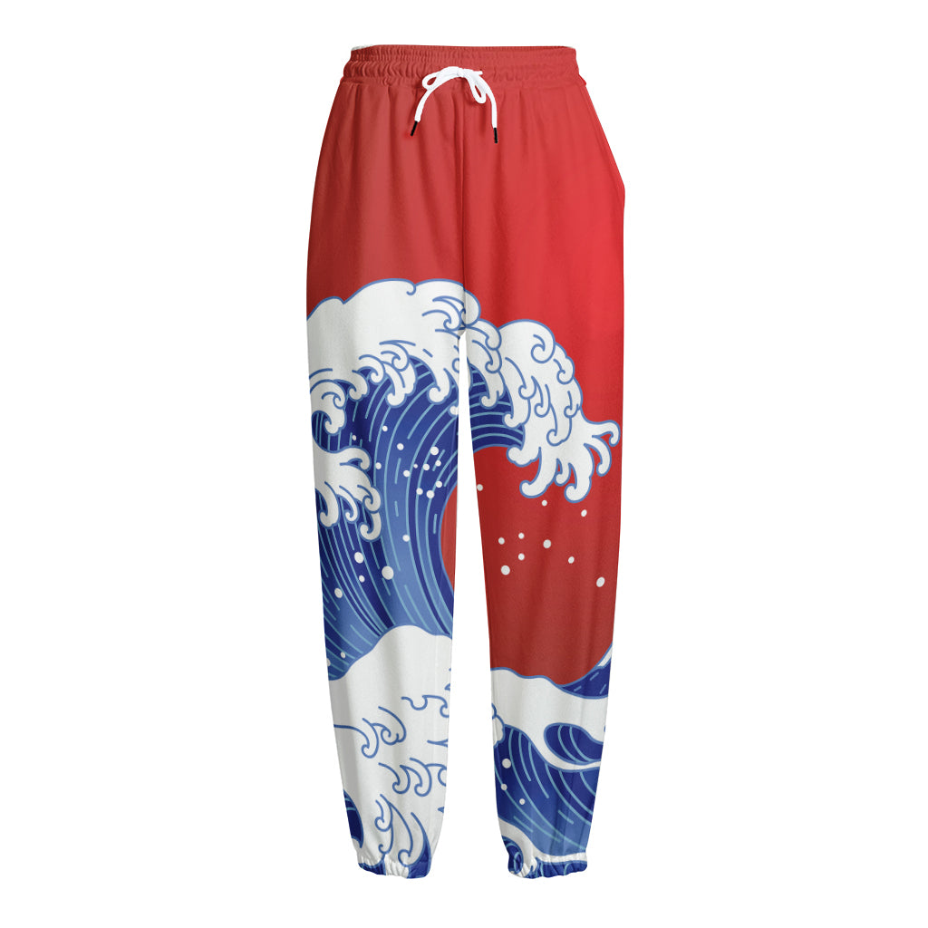 Red Sun Japanese Wave Print Fleece Lined Knit Pants