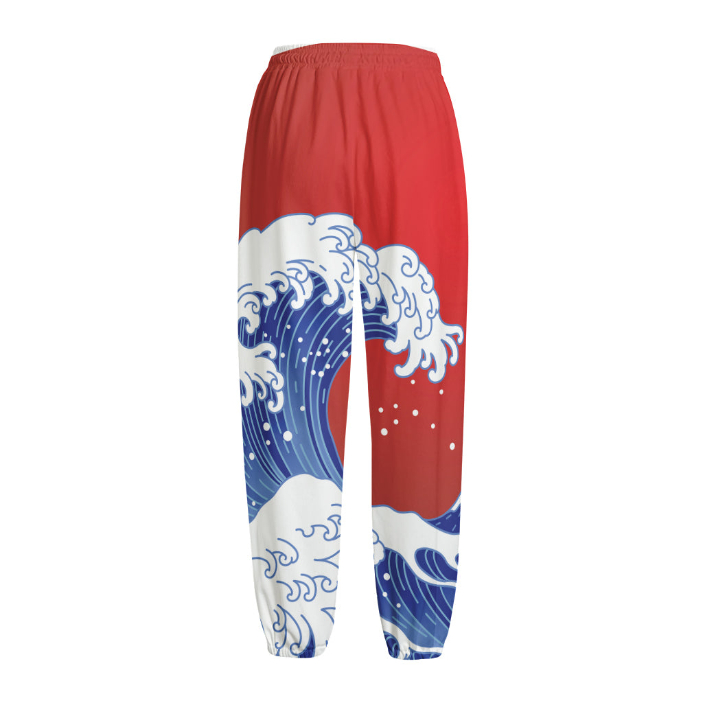 Red Sun Japanese Wave Print Fleece Lined Knit Pants