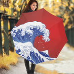 Red Sun Japanese Wave Print Foldable Umbrella