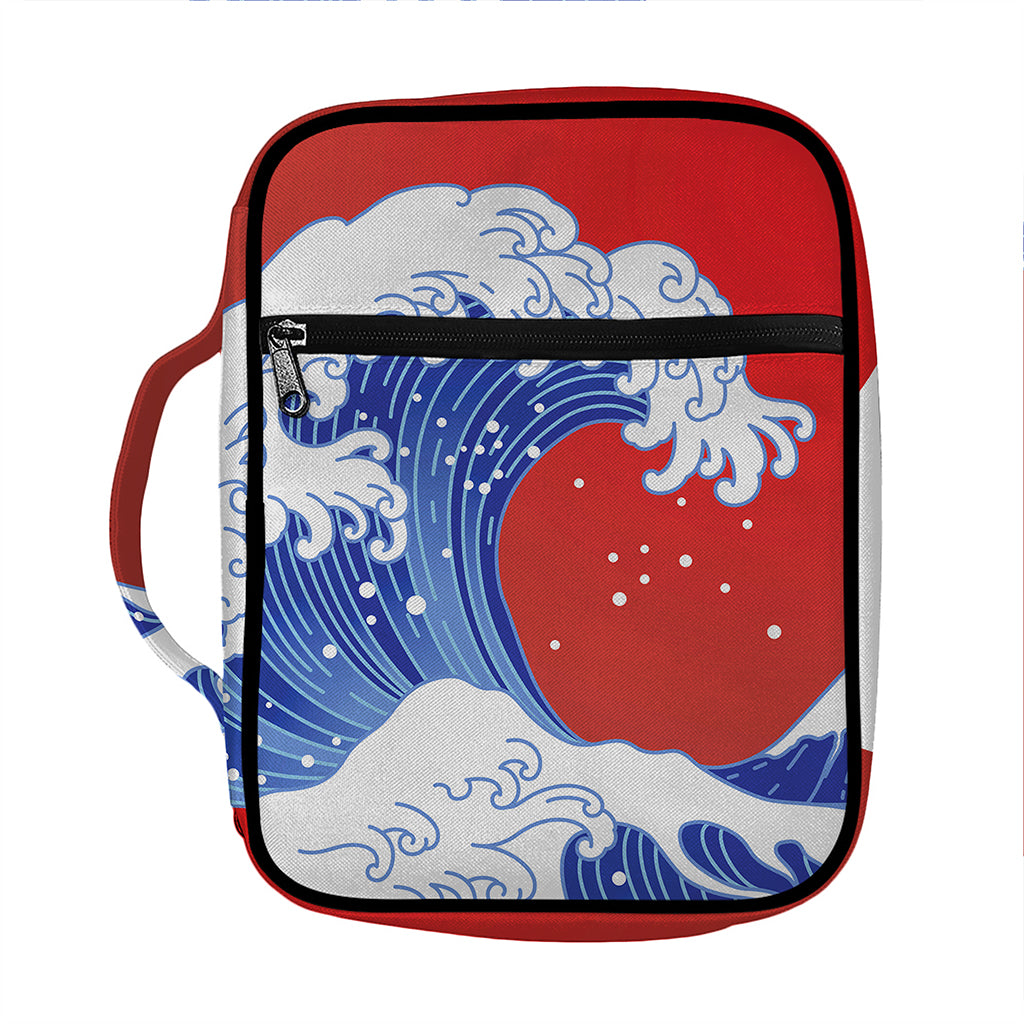 Red Sun Japanese Wave Print Front Pocket Bible Bag