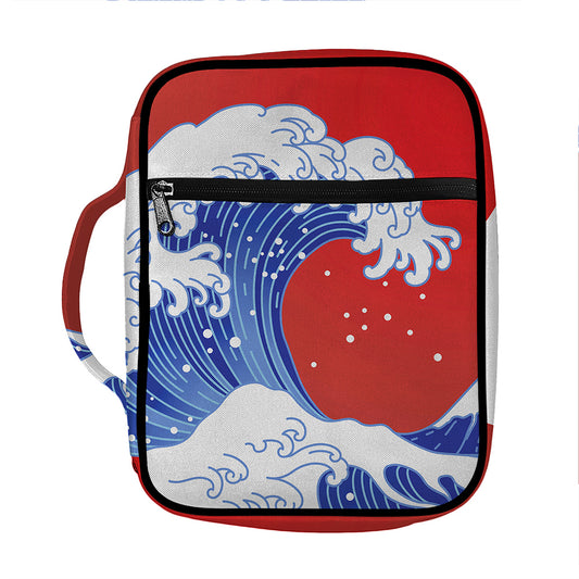 Red Sun Japanese Wave Print Front Pocket Bible Bag