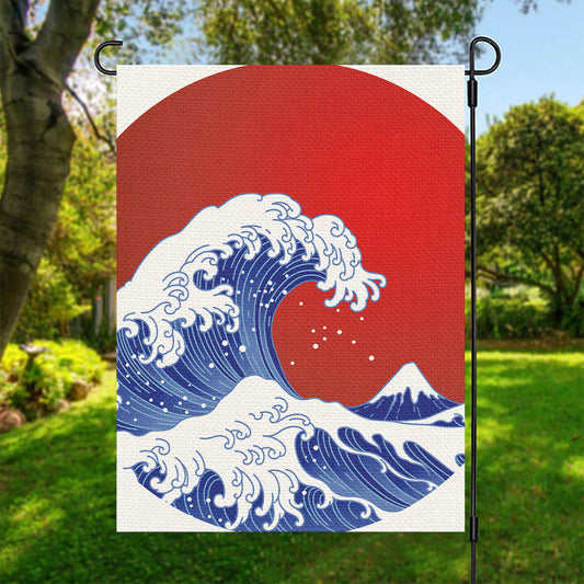 Red Sun Japanese Wave Print Garden Flag