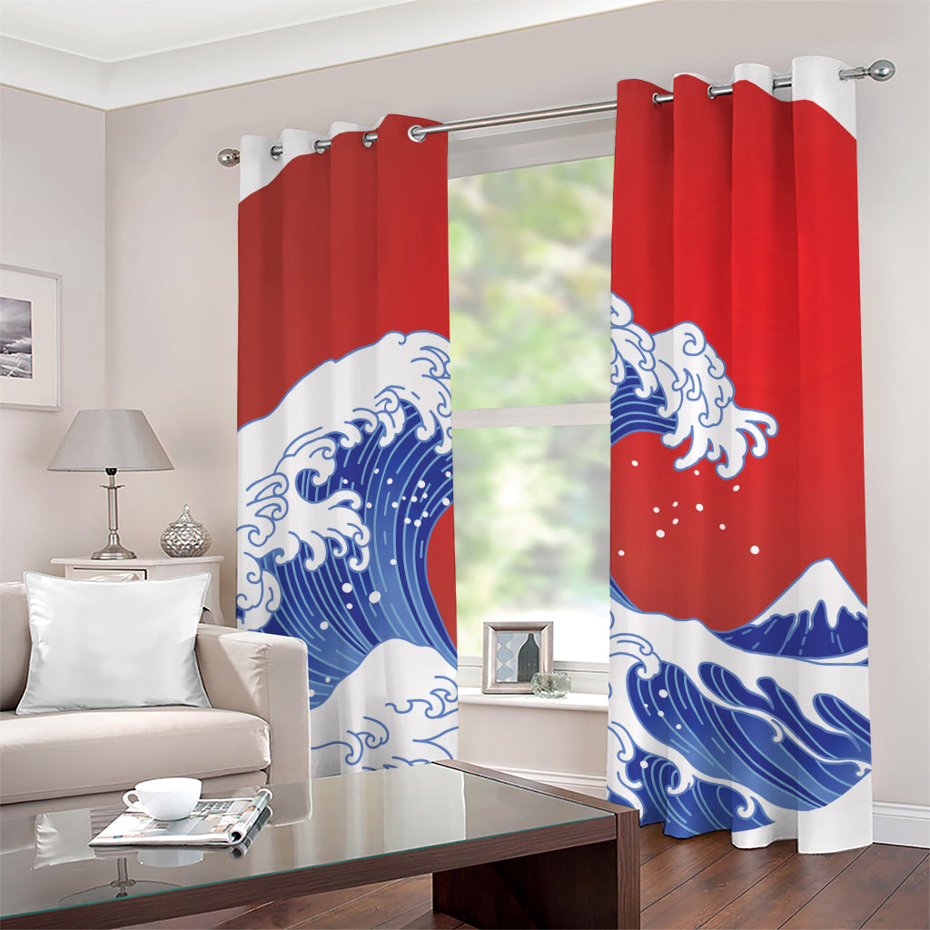 Red Sun Japanese Wave Print Grommet Curtains