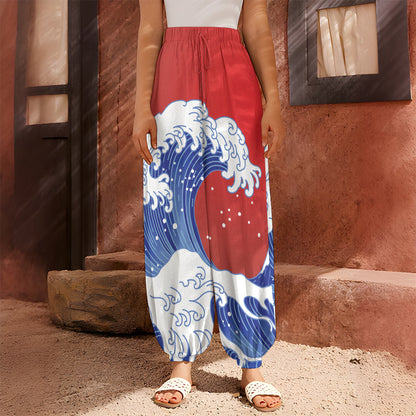 Red Sun Japanese Wave Print Harem Pants