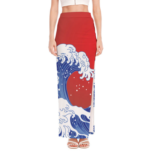 Red Sun Japanese Wave Print High Slit Maxi Skirt
