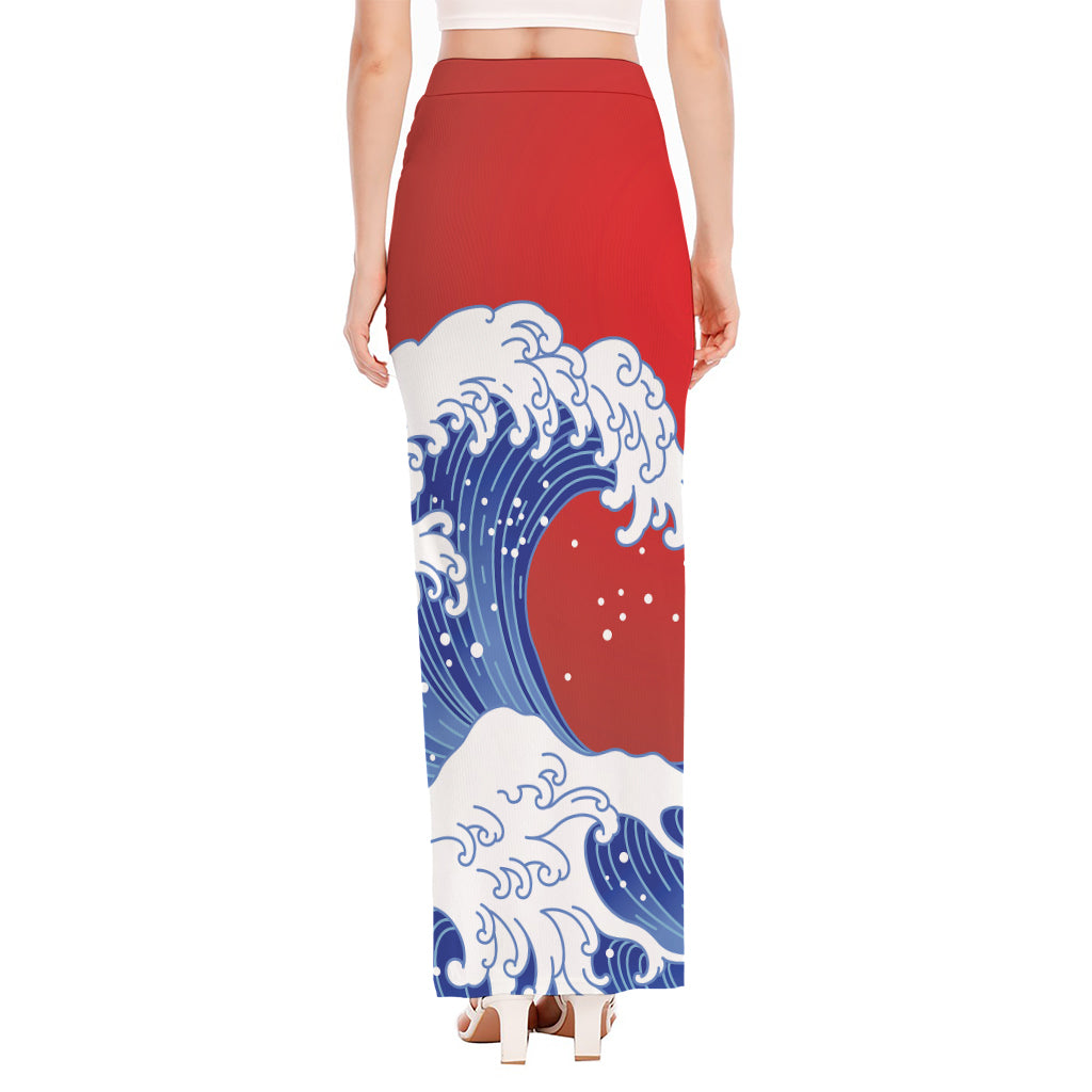 Red Sun Japanese Wave Print High Slit Maxi Skirt