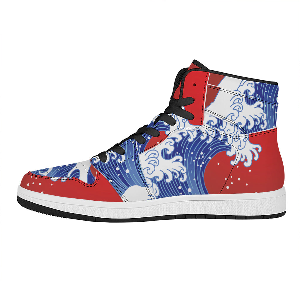 Red Sun Japanese Wave Print High Top Leather Sneakers
