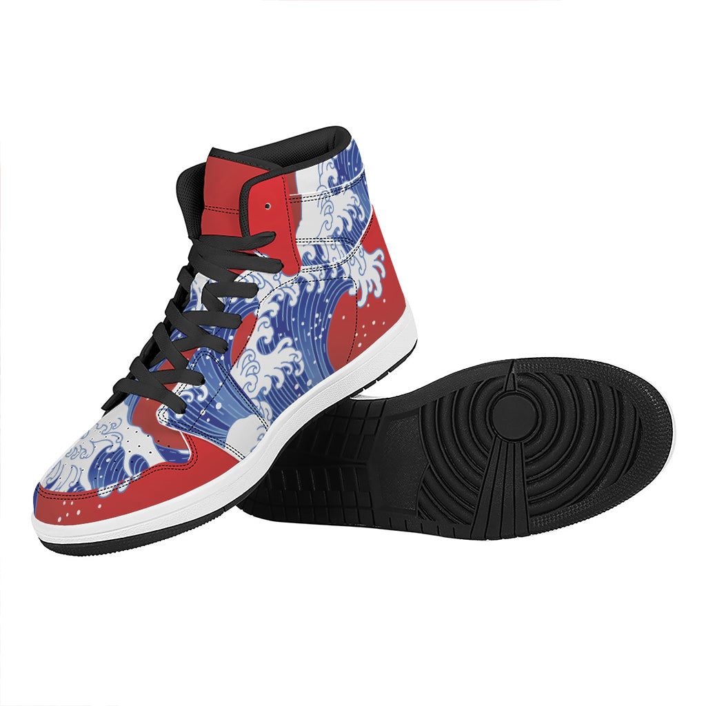 Red Sun Japanese Wave Print High Top Leather Sneakers