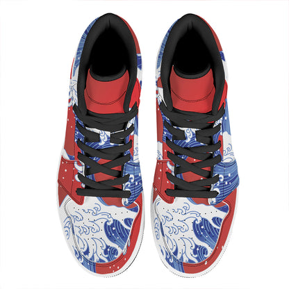 Red Sun Japanese Wave Print High Top Leather Sneakers