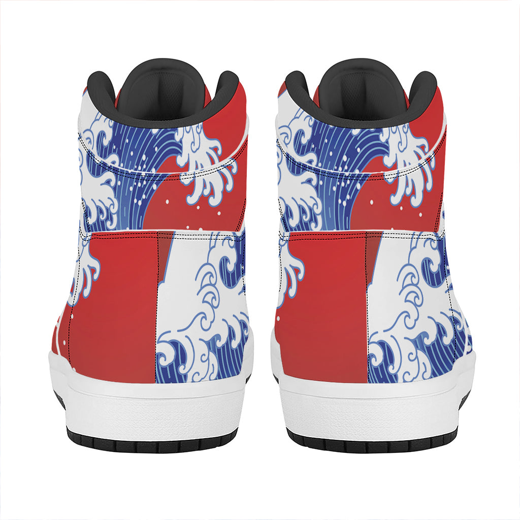 Red Sun Japanese Wave Print High Top Leather Sneakers