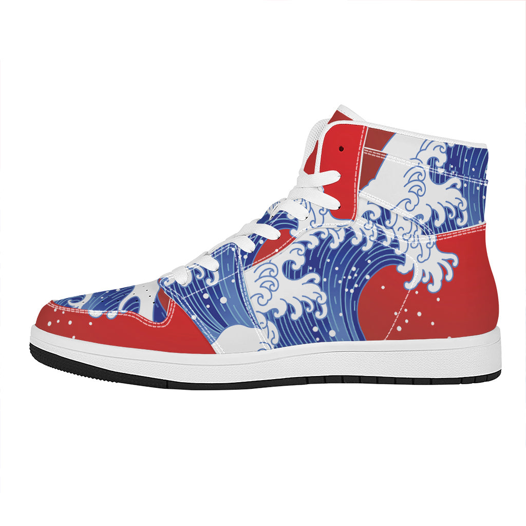 Red Sun Japanese Wave Print High Top Leather Sneakers
